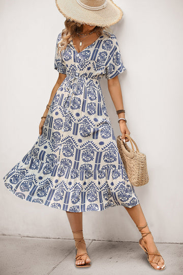 Blue Printed V Neck A Line Long Summer Dress with Short Sleeves
